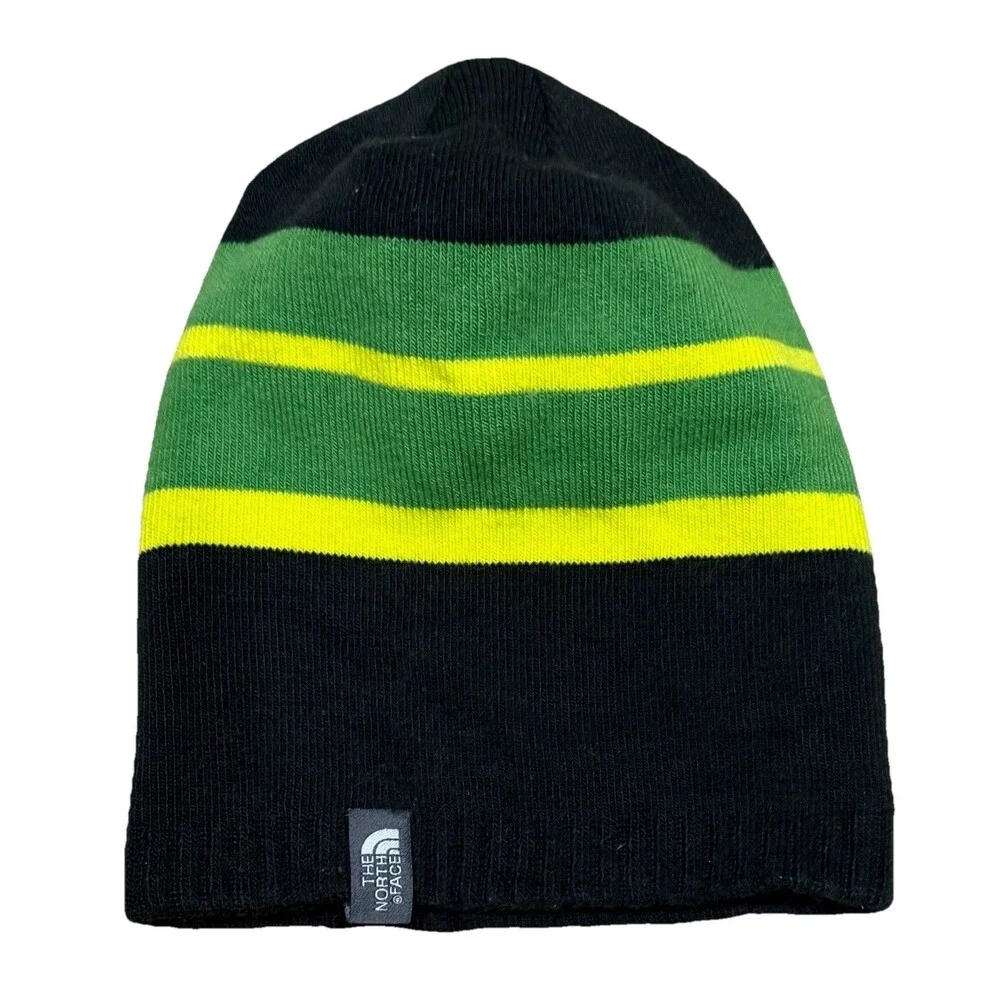 The North Face Youth Reversible Beanie Gorpcore Black Green Stripe Knit Hat Sz M